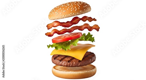 Exploded view burger with bacon and lettuce in bun