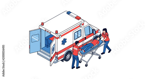 Paramedics carefully load a patient onto a stretcher and into an open ambulance.