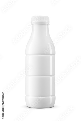 White plastic bottle for dairy milk products isolated: drink yogurt, cream. Transparent PNG image.