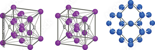 A high quality 3D digital illustration of complex crystal lattice structures and spherical molecular models isolated on a clean white background.