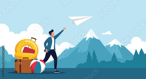 Excited traveler launches a white paper plane towards mountain peaks while standing next to travel suitcases and summer beach items.