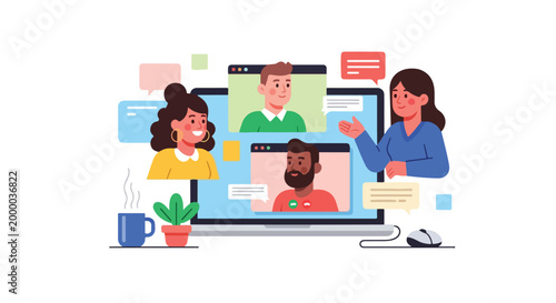 A group of four diverse professionals engaging in a collaborative video conference on a laptop screen with speech bubbles and office items.