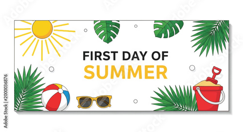 Summer vacation sign, first day of summer banner, beach holiday decoration, tropical getaway