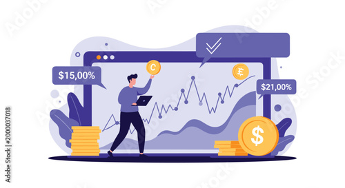 Financial expert analyzes market growth and stock data on a large digital screen with stacks of gold coins and trading charts present.