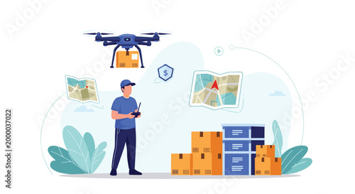 Logistics worker controls a delivery drone carrying a cardboard package using a remote transmitter near a stack of shipping boxes.