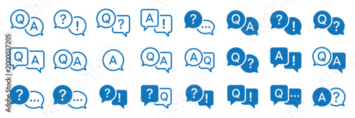 Customer Assistance and Troubleshooting Icon Collection - Set of FAQ Speak Bubbles, Q&A Text Boxes, and Support Help Icons for Information Desks, Instruction Manuals, and Digital Service Centers