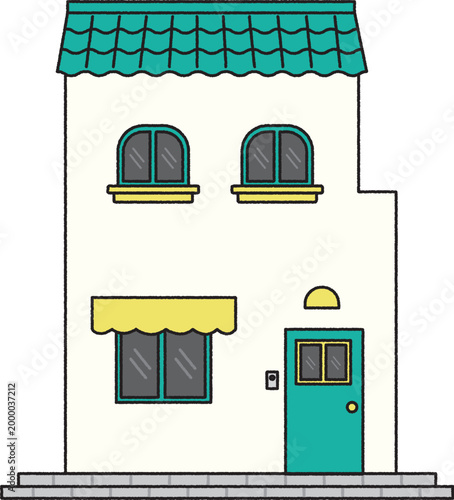 Simple House with Green Roof and Yellow Awning Cartoon Illustration