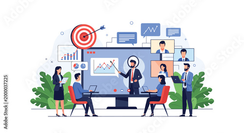 Professional educator conducts a live online webinar with business charts and a target icon while participants watch from home offices.
