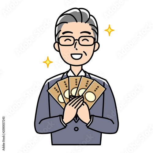 笑顔でお金をもつスーツのベテラン男性のイラスト