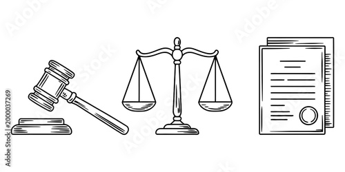 Black and white hand drawn legal icons set with a wooden judge gavel, a balanced scale of justice, and a formal document with a wax seal stamp
