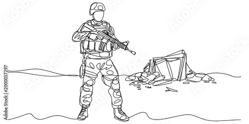 A single line drawing of a soldier standing with a rifle in a combat zone featuring military gear and a crate nearby for a tactical theme illustration