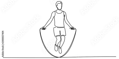 A young man exercising by jumping rope in a simple continuous line drawing style to represent fitness activity and healthy lifestyle habits for people