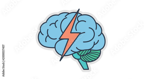 Stylized Human Brain Struck by Bright Lightning Bolt