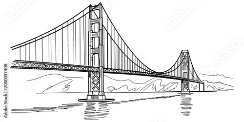 Black and white line art drawing of the golden gate bridge in san francisco showing the iconic suspension bridge structure and water reflection