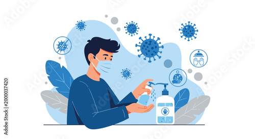 Man wearing a protective face mask applies antibacterial hand sanitizer from a pump bottle to protect against viruses and germs.