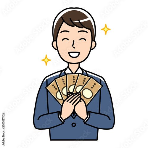 笑顔でお金をもつスーツの若い男性のイラスト