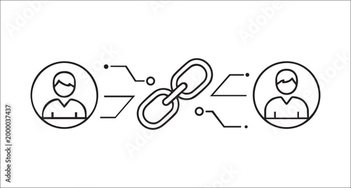 Conceptual illustration of two people connected by a chain link with link icon, connection icon