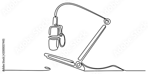 Continuous single line drawing of a studio microphone on a stand used for podcasting and radio broadcasting recording in a minimalist style art