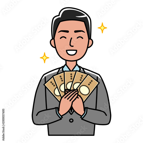 笑顔でお金をもつスーツの外国人男性のイラスト