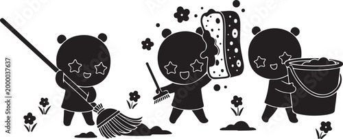 Three ninja pandas in silhouette fighting with swords and a drum, Generative Ai