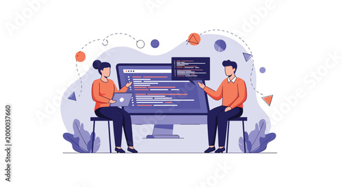 Pair of software developers discusses code and website architecture while working together in front of a large computer monitor screen.