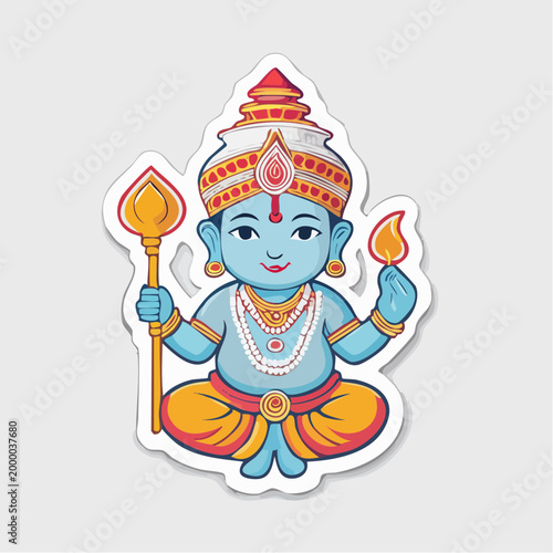 Cartoon illustration of a Hindu deity with blue skin and ornate headdress