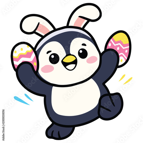 Penguin bunny ear Easter egg cartoon cute happy animal celebration character with joyful
