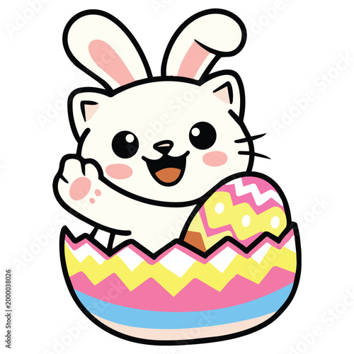 Cute cartoon cat with bunny ears in Easter egg cheerful and playful holiday scene