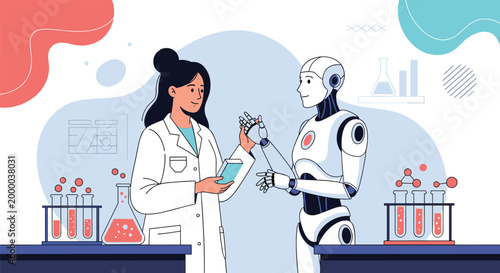 Intelligent female scientist collaborates with a sophisticated humanoid robot in a laboratory to conduct advanced chemical research.