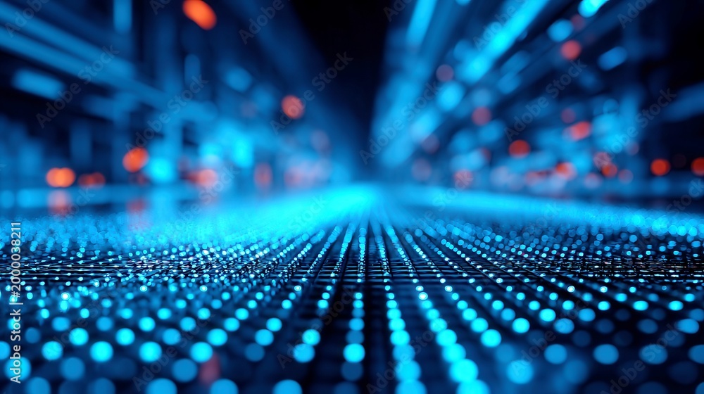 Obraz premium Futuristic Digital Network Visualization, intricate grid design with luminous nodes, showcasing perspective depth in a cinematic style, emphasizing advanced communication systems and data flow