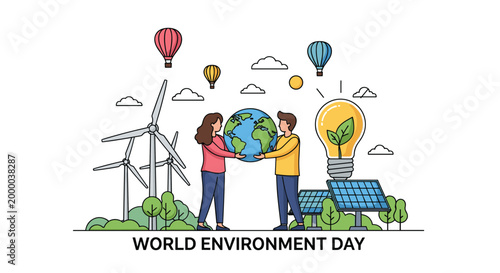Environmentally conscious people hold a globe to celebrate World Environment Day surrounded by renewable energy and green icons.