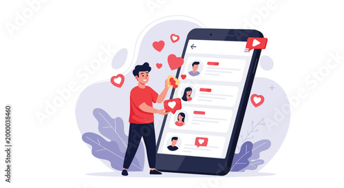 Young man interacts with a social media application on a large smartphone screen filled with user profiles and floating heart icons.