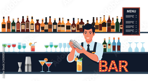 Professional bartender in a stylish vest and tie smiles while shaking a cocktail shaker at a well-stocked bar with various bottles.