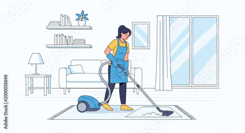 Cleaning service professional in an apron and gloves meticulously vacuums a white carpet in a modern and bright living room.