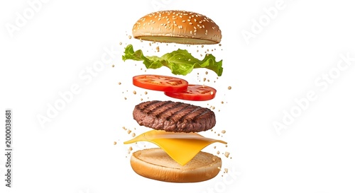 Exploded view of a delicious cheeseburger with lettuce and tomato
