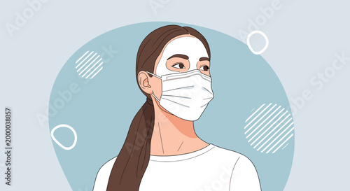 Beautiful young woman applies a protective surgical face mask over a white sheet beauty treatment in her skincare routine.