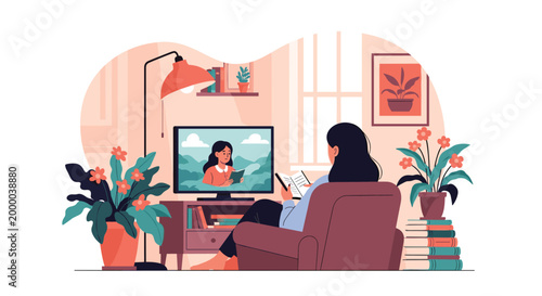 Casual young lady relaxes in a comfortable armchair while reading an interesting book and watching educational television content.