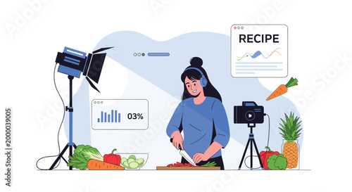 Female content creator films a healthy cooking video tutorial for her social media channel using professional studio lighting.