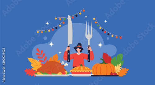 Happy person celebrates Thanksgiving Day while holding a giant fork and knife behind a delicious roasted turkey and pumpkin pie.