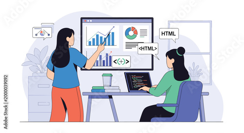 Two female developers collaborate on a web programming project while analyzing data charts and writing complex code on laptops.