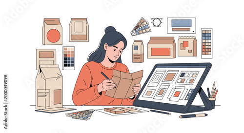 Creative graphic designer works on a digital tablet to create innovative sustainable packaging solutions for a new product brand.