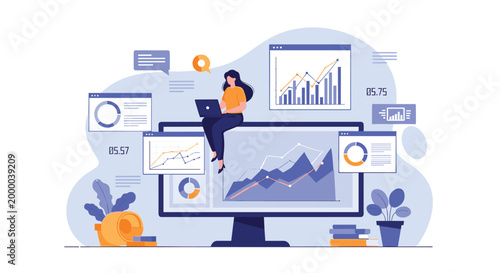 Data analyst woman sits on top of a giant computer monitor while monitoring various real-time financial performance charts.