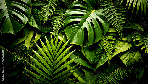 Vibrant green tropical leaves overlapping creating a dense foliage background with natural light and shadows