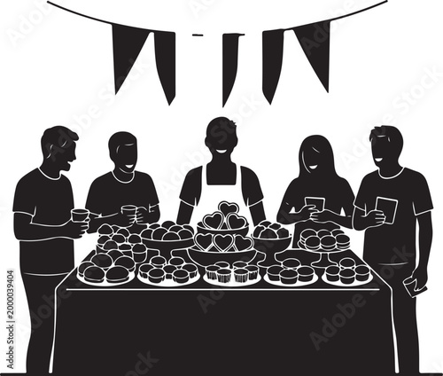 Silhouette of people at a buffet table with bunting, Generative Ai
