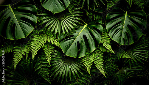 Lush green tropical leaves overlapping creating a dense foliage background with monstera and fern plants in a dark natural setting