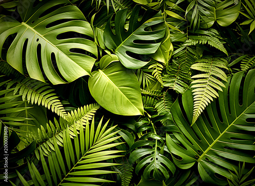 Vibrant green tropical leaves overlap creating a dense foliage background with varied textures and natural light