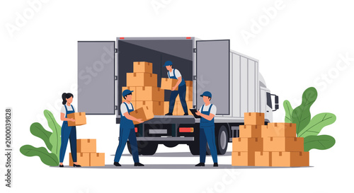 Team of logistics workers loads heavy cardboard boxes into a large delivery truck for efficient distribution and shipping.