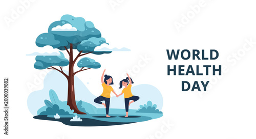 Two young girls practice yoga poses under a large shade tree in a peaceful park to celebrate World Health Day activities.
