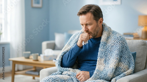 Man coughing while sitting on sofa wrapped in blanket indoors  