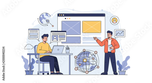 Two male developers discuss website design and global network connectivity while working together in a modern tech office.